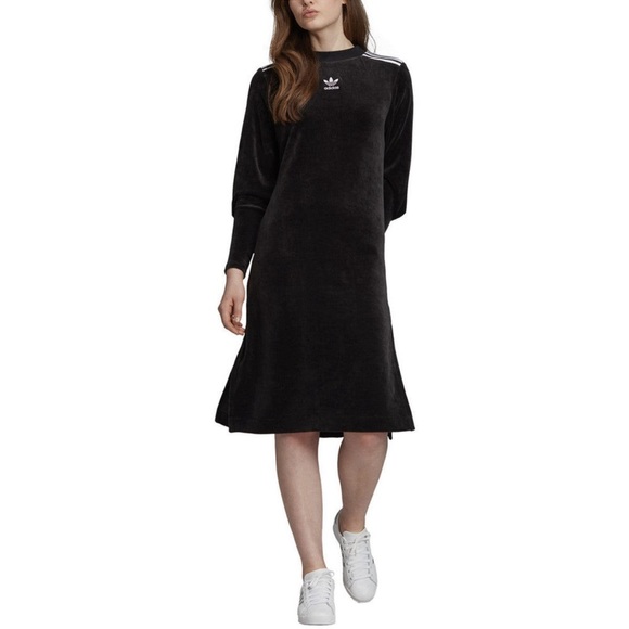 Adidas Original Trefoil Plush Velour Midi Dress in Black, Size XSmall